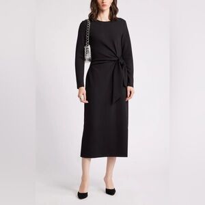 Nordstrom Tie Waist Long Sleeve Knit Midi Dress – Black, Elegant & Minimalist